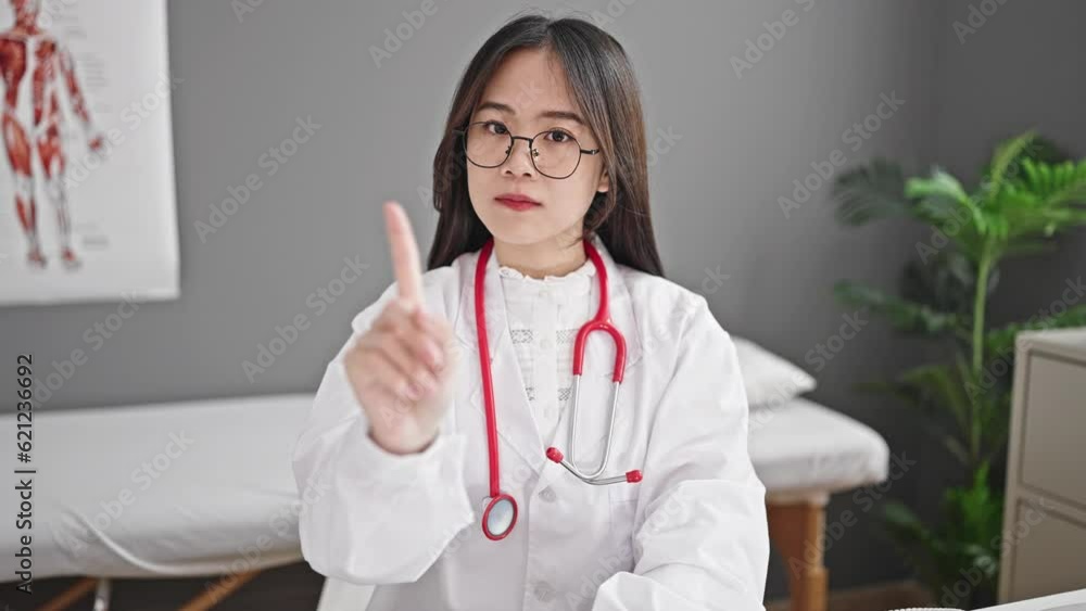 Young chinese woman doctor sitting with serious expression saying no with finger at clinic Young chinese woman doctor sitting with serious expression saying no with finger at clinic