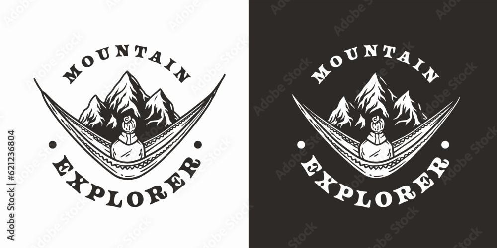 Fototapeta premium Man sits on a camping hammock in the forest. Adventure trip outdoor element