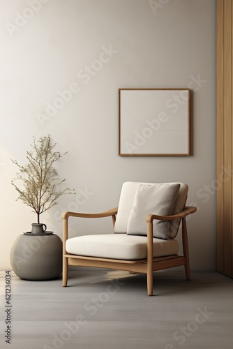 Modern Living Room with a Comfortable White Sofa and a White Picture on a Gray Wall. Generative AI. © Luca