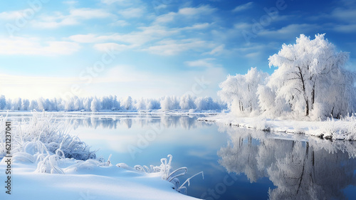 Snow-Covered Landscape with Icy Reflections. Generative Ai © Malika