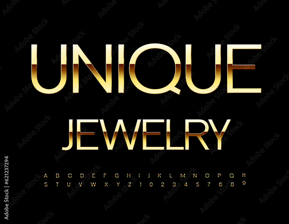 Obraz premium Vector advertising Card Unique Jewelry. Golden Slim Font. Trendy Exclusive Alphabet Letters, Numbers and Symbols