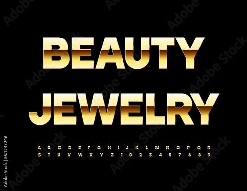 Vector premium sign Beauty Jewelry. Gold shiny Font. Luxury set of Alphabet Letters and Numbers