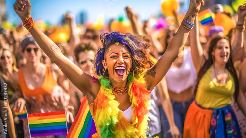 bisexual happy woman at lgbt pride parade, made with Generative AI