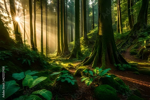 sunlight through the forest generated ai