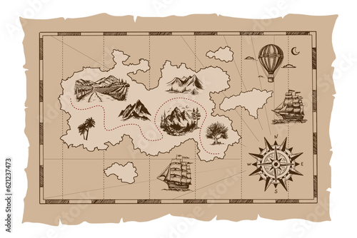 Pirate old map hand drawn Illustration.	
