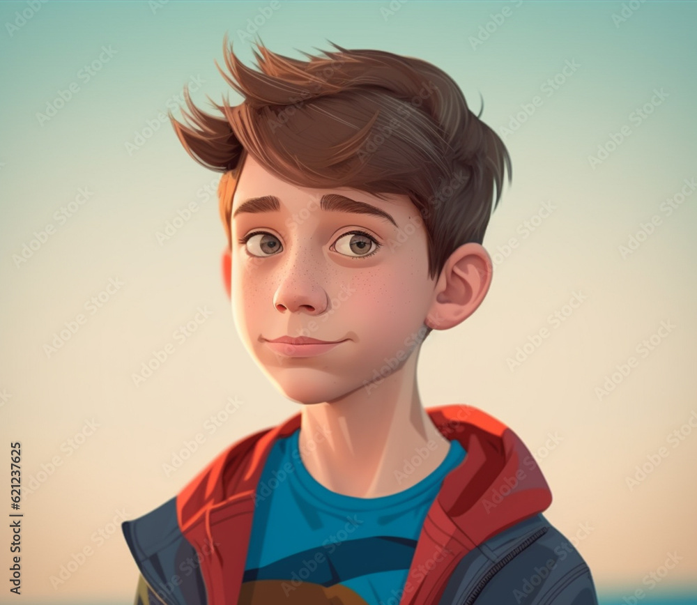Cute cartoon 10 years old teen boy smiles joyfully over evening sea coast, AI generated illustration Cute cartoon 10 years old teen boy smiles joyfully over evening sea coast, AI generated illustration