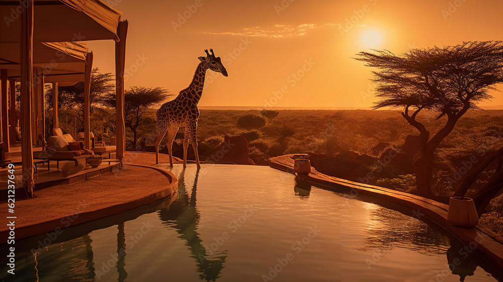 the Gerrafe visit luxury hotel at sunset after safari excurison in the African savannah . Generative AI - obrazy, fototapety, plakaty 
