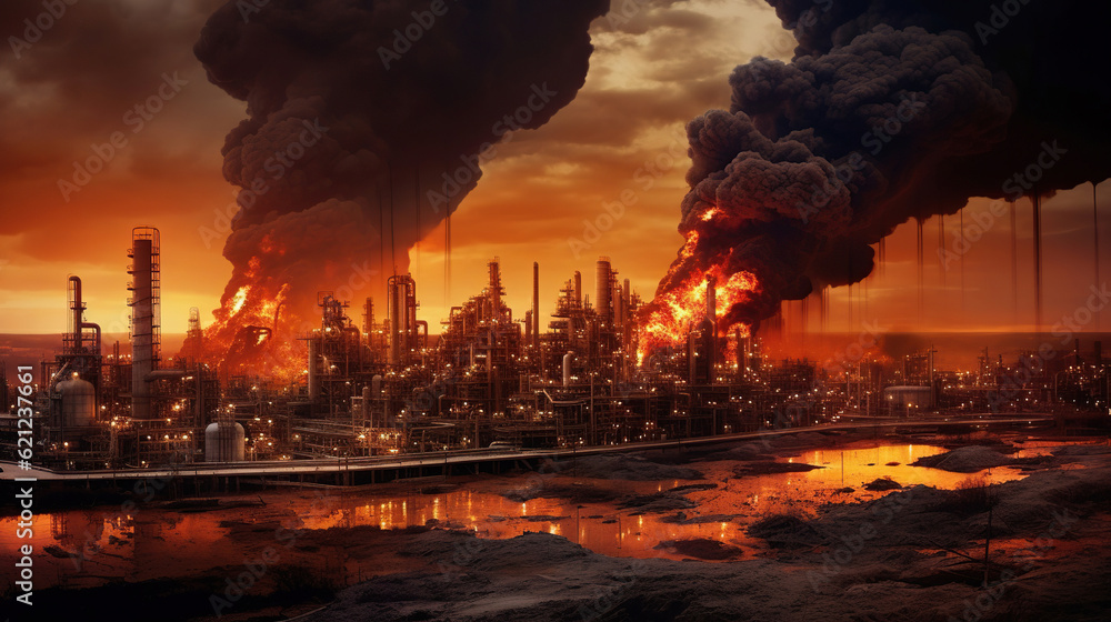 Oil leak explosion, fire on offshore petrolium platform, contaminated leak , ecology catastrophe.Ai generative