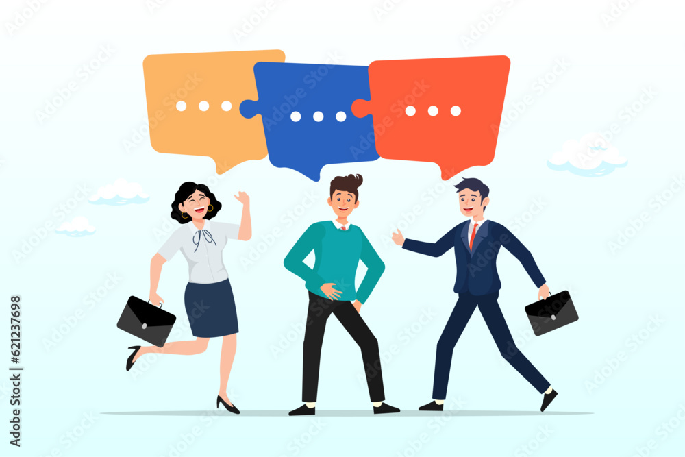 Smart business people team with connected jigsaw puzzle speech bubble, compromise to get solution in business meeting, leadership to communicate and connect ideas in brainstorm session (Vector)
