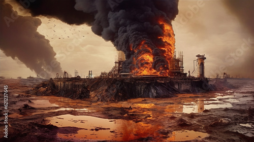 Petrolium offshore disater, fire and explosion on the oil platform, ecology catastrophe aAi generative photo