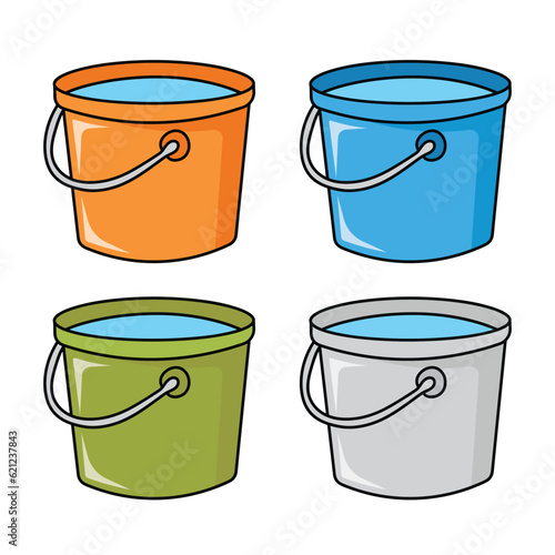 Kids drawing Cartoon Vector illustration four cute plastic buckets with water icon Isolated on White Background