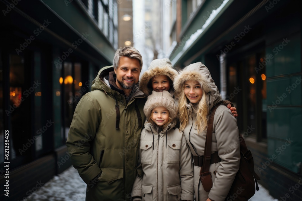 Very Happy Finnish Family In Cozy Winter Jackets And Boots. Generative AI