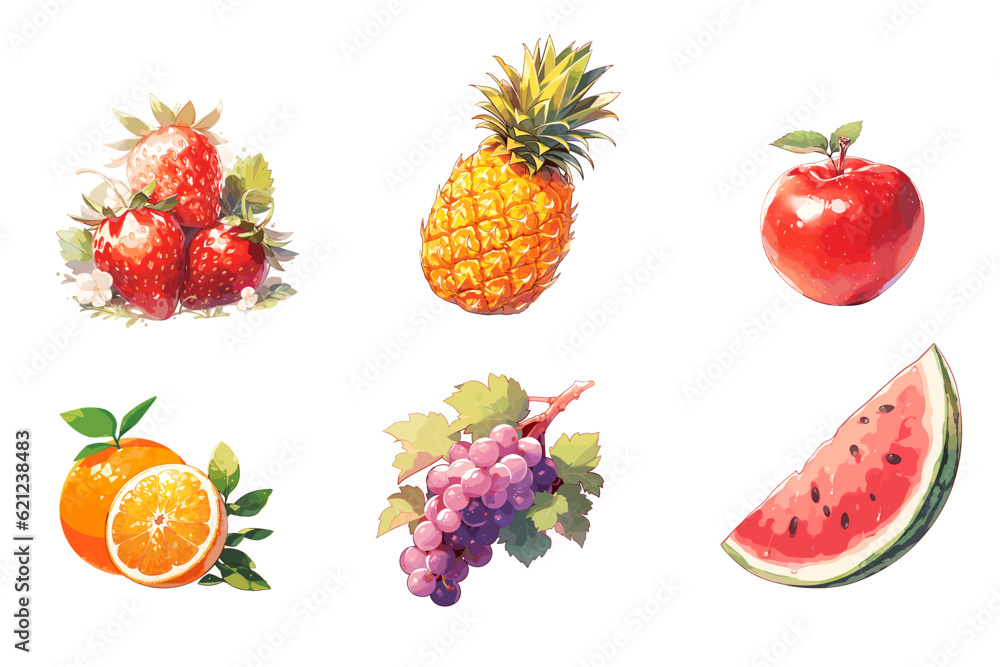 Vector set of detailed fruits. Strawberry, pineapple, apple, orange, grape, watermelon. Sweet fruits. Vector illustration EPS10 Vector set of detailed fruits. Strawberry, pineapple, apple, orange, grape, watermelon. Sweet fruits. Vector illustration EPS10