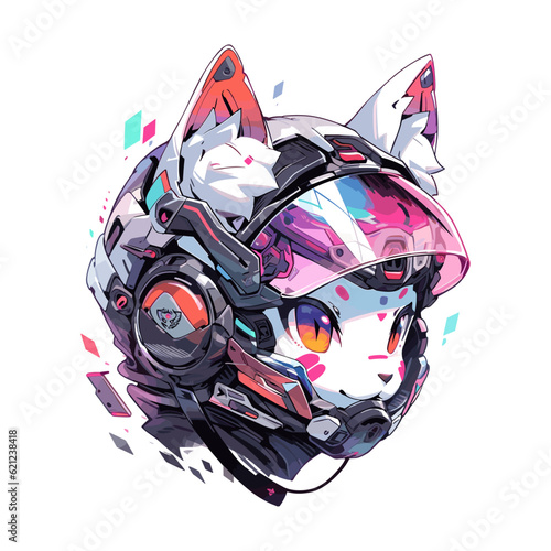 Anime cat in a motorcycle helmet. Futuristic cat print for your design. Vector illustration EPS10