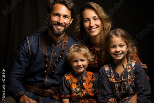 Very Happy Dutch Family In Traditional Wooden Clogs And Folk Clothing. Generative AI