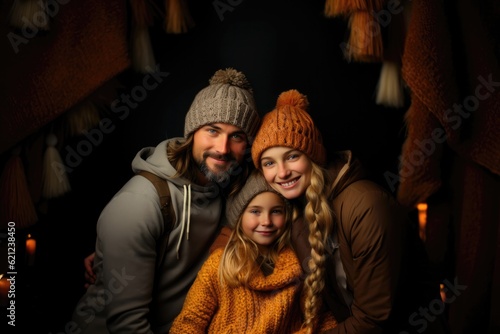 Very Happy Scandinavian Family In Cozy Winter Sweaters And Hats. Generative AI