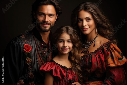 Very Happy Spanish Family In Flamenco Dresses And Matador Outfits. Generative AI