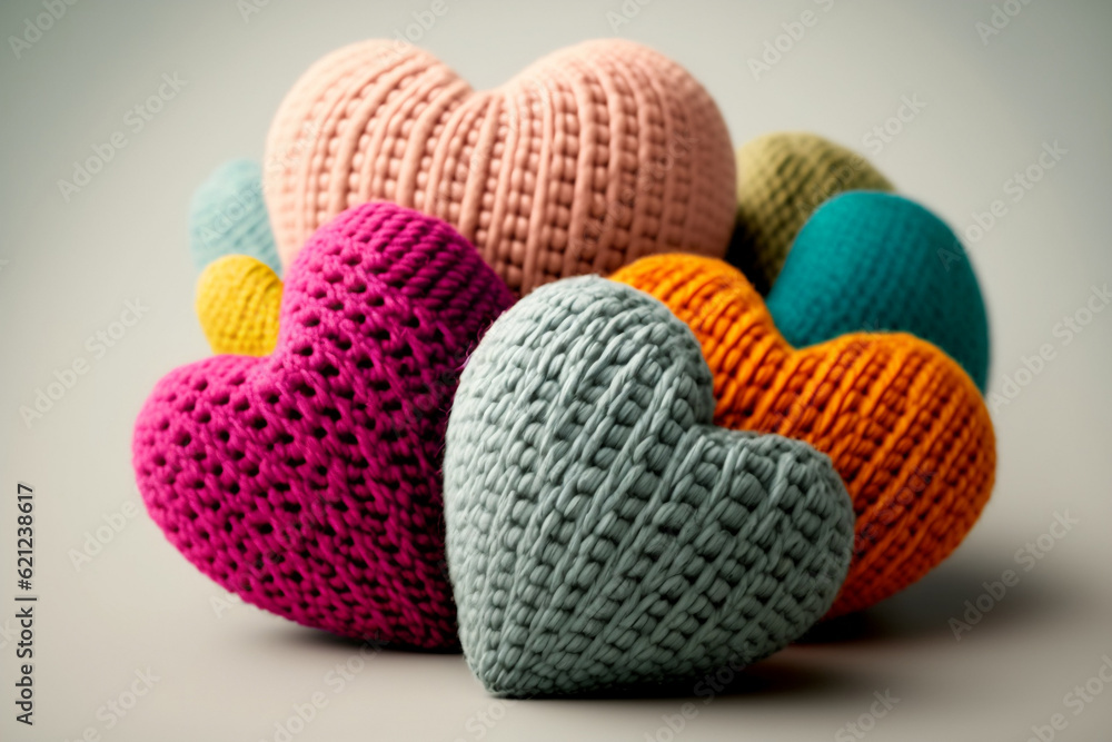 Colorful knitted hearts made of wool on light background - obrazy, fototapety, plakaty 