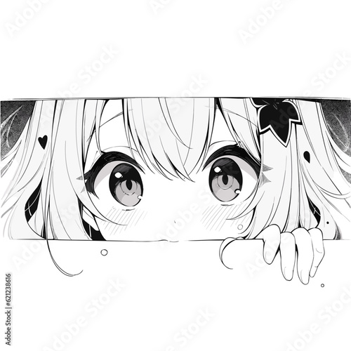 Manga eyes looking from a paper tear. Black and white color. Anime girl peeps out isolated on white background. Vector illustration EPS10