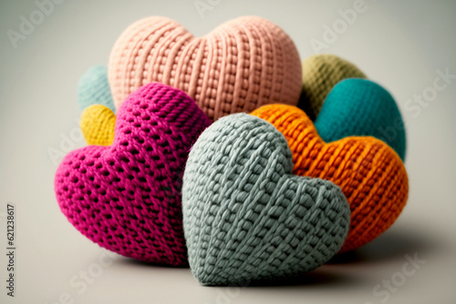 Colorful knitted hearts made of wool on light background