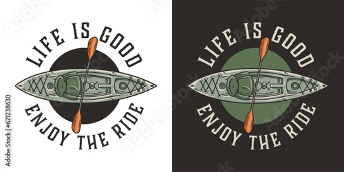 Kayaking sport print. Rafting on kayak on the river among the mountains