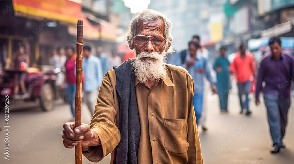 portrait of old man with walking stick in city, made with Generative AI