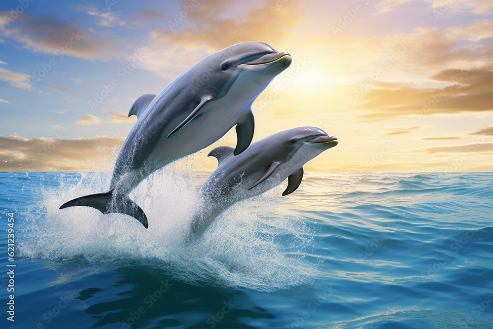 Fototapeta premium Generative AI two dolphins swimming together in the ocean
