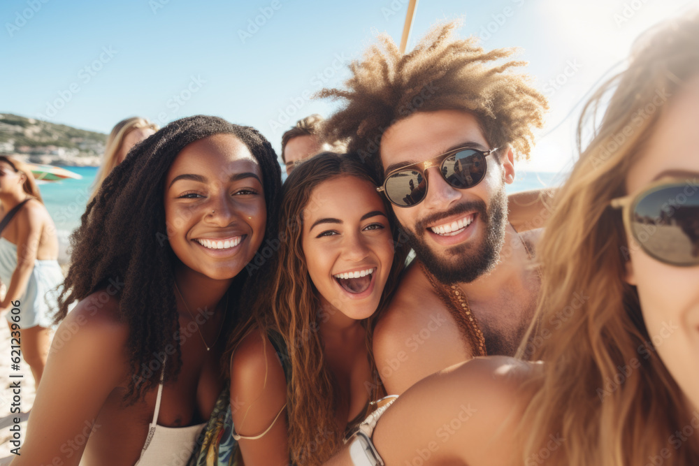 Group of mix race young people having a party on the luxury yacht