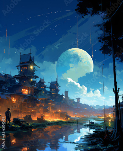 city landscape with moon landscape anime manga manwha manhua comics illustration poster 
