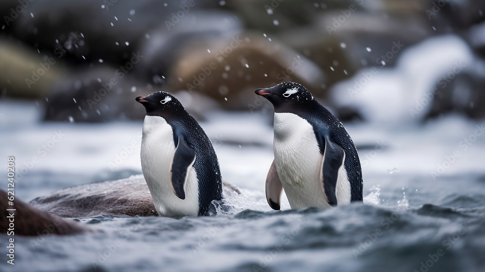 Fototapeta premium Adelie penguins in Antarctica. Generative AI 
