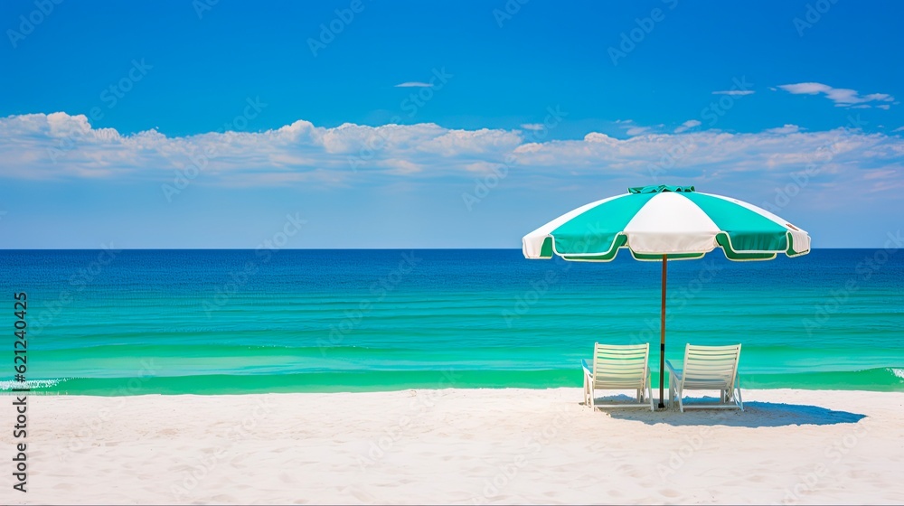 Emerald Coast Seascape: A Stunning Landscape of White Sand Beaches and Clear Ocean Water with Beach Umbrellas. Generative AI - obrazy, fototapety, plakaty 