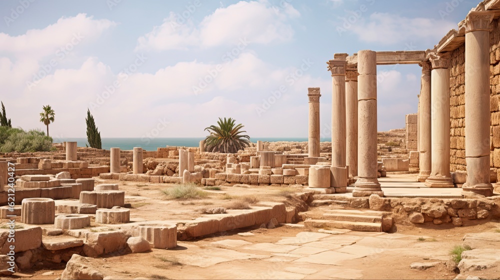Fototapeta premium Exploring the Roman Villa Ruins of Caesarea Maritima: A Window into Israel's Rich Heritage: Generative AI