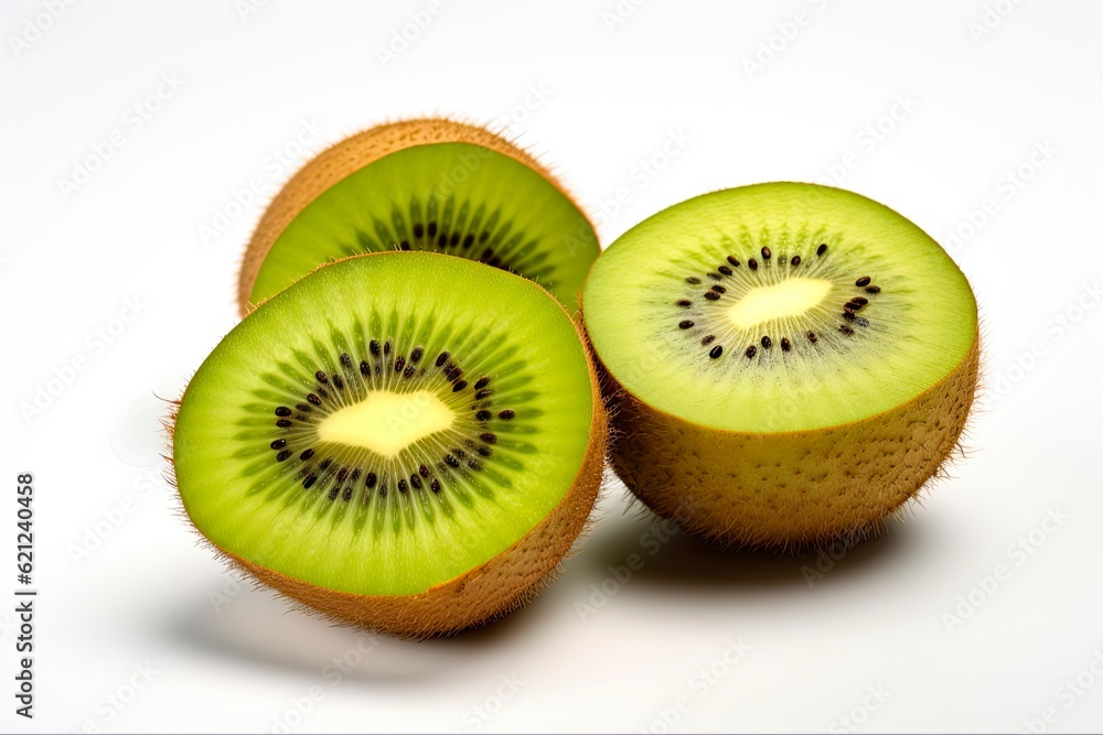 Freshly Cut Kiwi Fruit. Isolated halves of juicy green Kiwi on white background with clipping path for healthy eating concepts: Generative AI Freshly Cut Kiwi Fruit. Isolated halves of juicy green Kiwi on white background with clipping path for healthy eating concepts: Generative AI