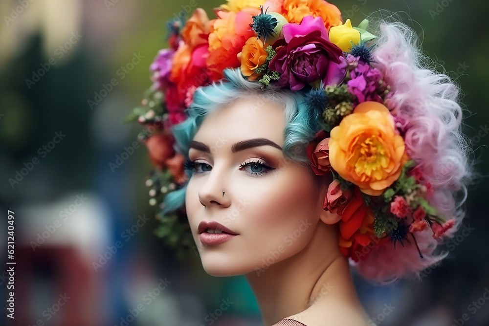 A girl with bright colored hair with a multi-colored wreath on her head