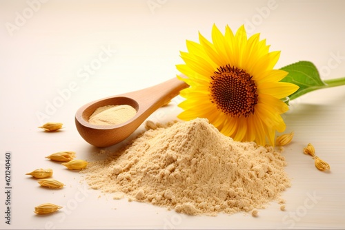 Heap of Sunflower Lecithin Powder for Nourishment and Good Liver Health - Organic and Naturally Sourced Ingredient on Light Background with Spoon: Generative AI photo