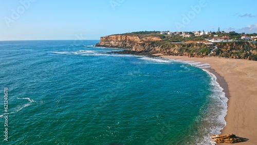 Beautiful coastline seascape in Europe.  Beautiful rocky seascape with rolling waves to the shore. Aerial view  beautiful nature landscape. Drone view of scenic nature  in Portugal.