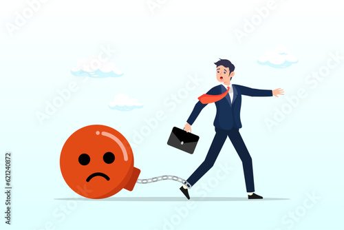 Depressed businessman chain with sad face burden, stressed burden, anxiety or negative thinking, anger or emotional causing problem, mental health or depression, overworked or overwhelmed (Vector)
