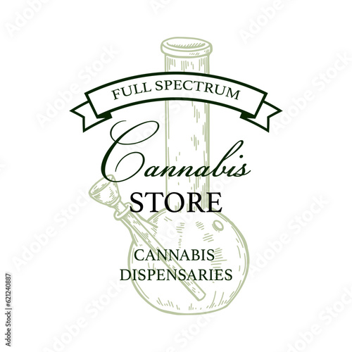 Cannabis store vintage logo template with hand drawn elements. Vector illustration in sketch style