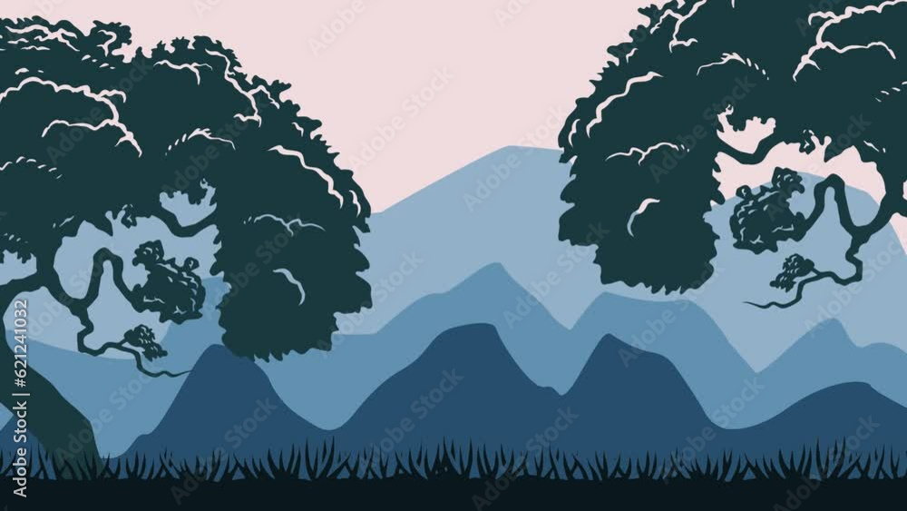 Animated silhouette of a forest and there are mountains in the background Animated silhouette of a forest and there are mountains in the background