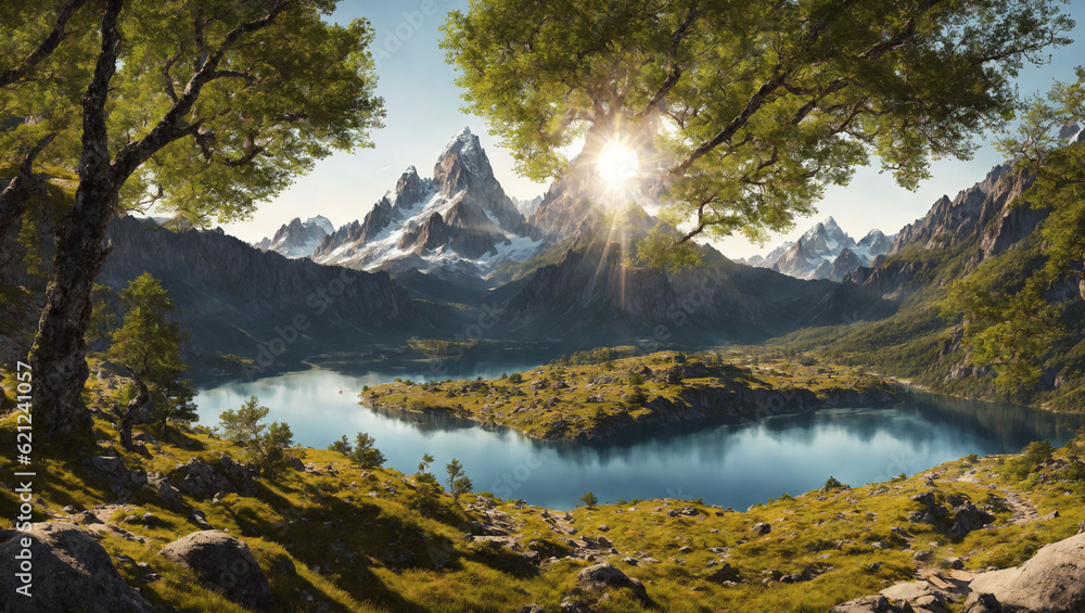 Capturing the Morning Sunlight in the Green Forest, Lake and Giant Mountain