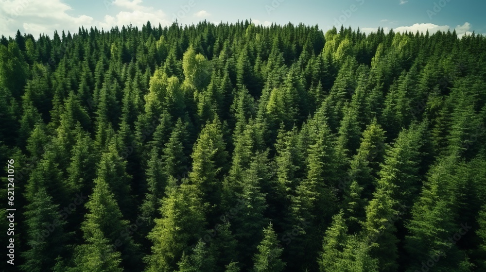 Generative AI. Coniferous green forest, aerial view. Minimalistic natural reserve summer banner. Tops of firs and pines. Generative AI. Coniferous green forest, aerial view. Minimalistic natural reserve summer banner. Tops of firs and pines.