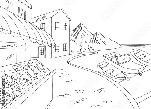 Waterfront fish market graphic black white bay landscape sketch illustration vector