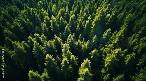Generative AI. Coniferous green forest, aerial view. Minimalistic natural reserve summer banner. Tops of firs and pines.