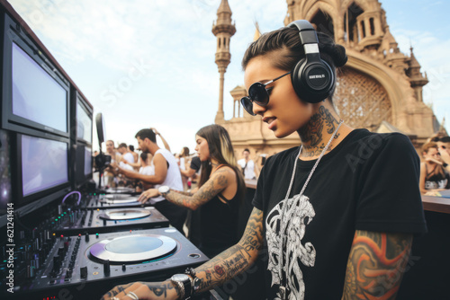 Pretty young woman DJ wearing headphones and playing music at the summer music festival