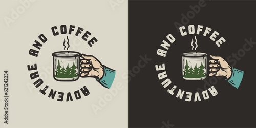 Hand of traveller holding a camping mug. An element for travel or adventure outdoor