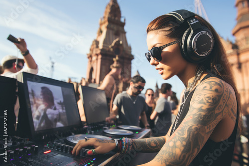Pretty young woman DJ wearing headphones and playing music at the summer music festival © Jasmina