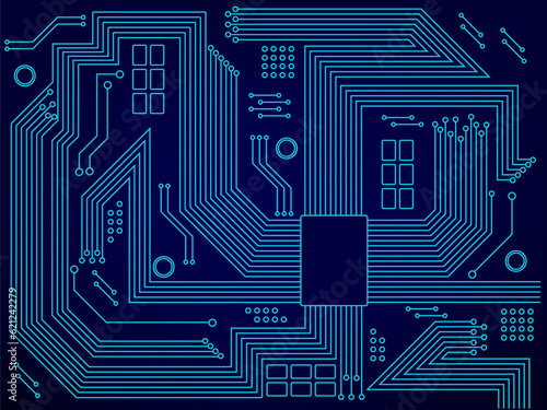 High-tech technology background texture. Abstract technology circuit board in blue neon. Digital Vector background for your design. Vector illustration EPS10.