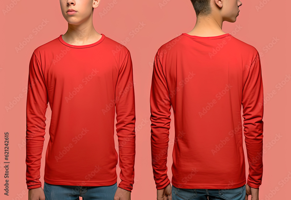 Man wearing a red T-shirt with long sleeves. Front and back view Man wearing a red T-shirt with long sleeves. Front and back view