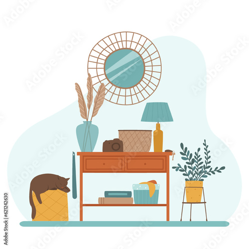 Hallway in a residential apartment of a modern girl. The cat is waiting for the owner on the couch. Flat vector illustration.