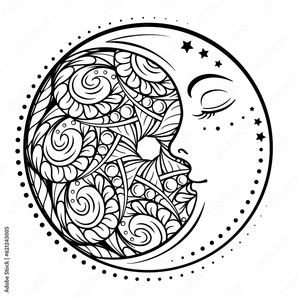Ethnic cresent moon motif. Antistress coloring page Ethnic cresent moon motif. Antistress coloring page